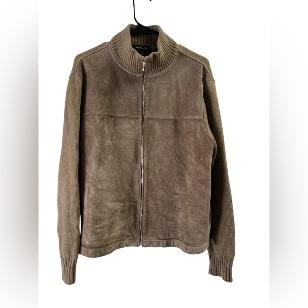 Murano brown leather and wool knit zip up jacket